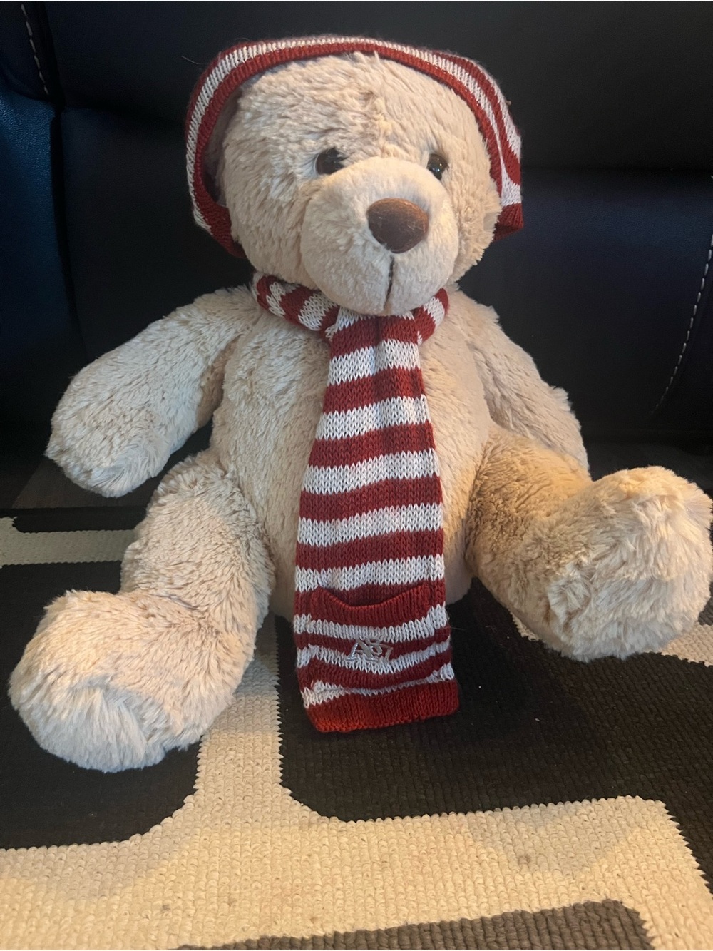 Aeropostale Beige Teddy Bear with Red and White Striped Scarf and Hat